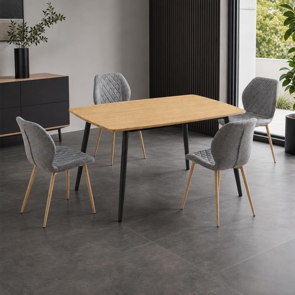 Mesa fija con 4 sillas grises tapizadas