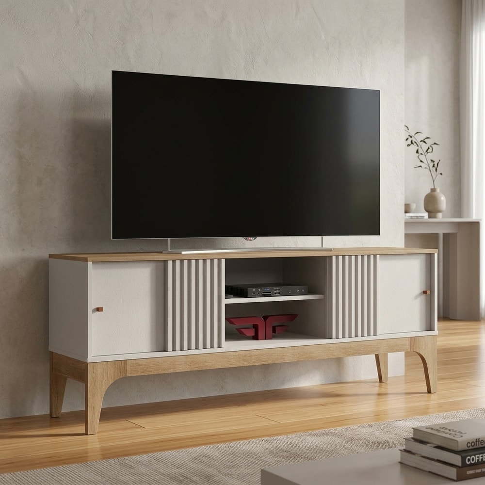 Mueble TV Blanco y Cedro con Puerta Corredera
