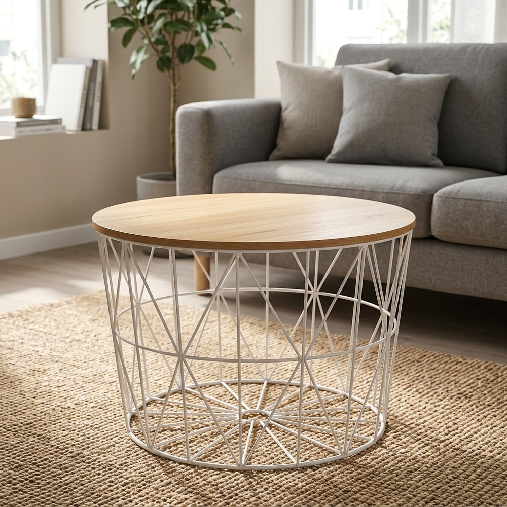 Mesa de centro redonda blanca con tapa de madera