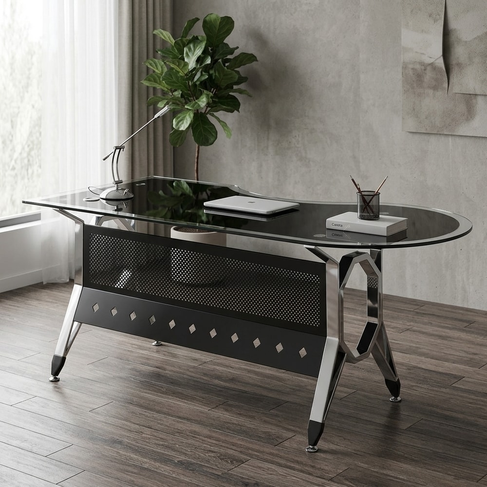 Mesa de oficina curva cristal negro y cromo