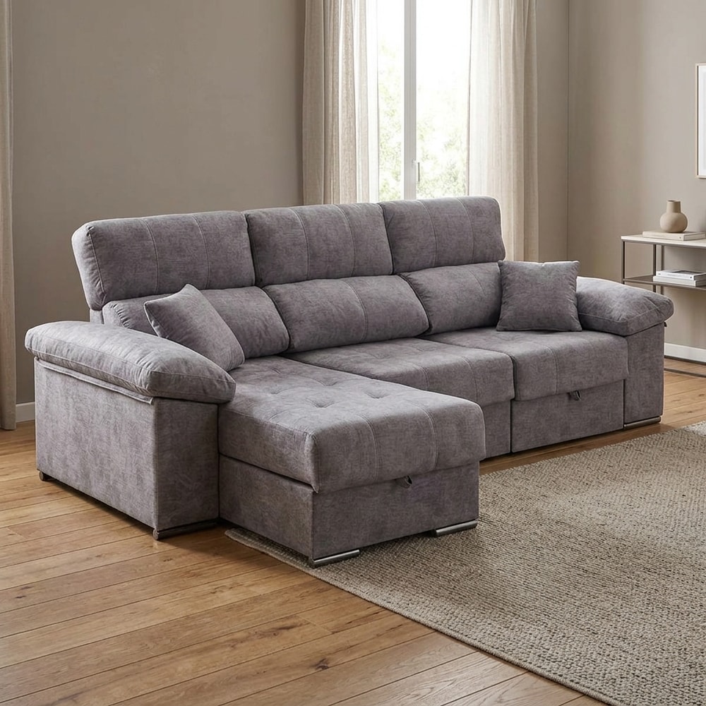 Chaise longue cama gris con arcón y taburetes
