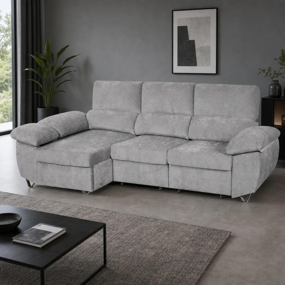 Sofá cama chaise longue izquierda con arcón gris