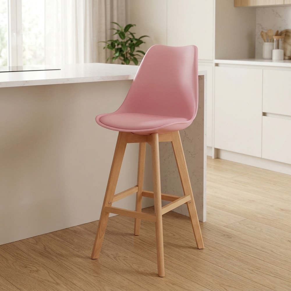 Taburete alto rosa con patas de madera
