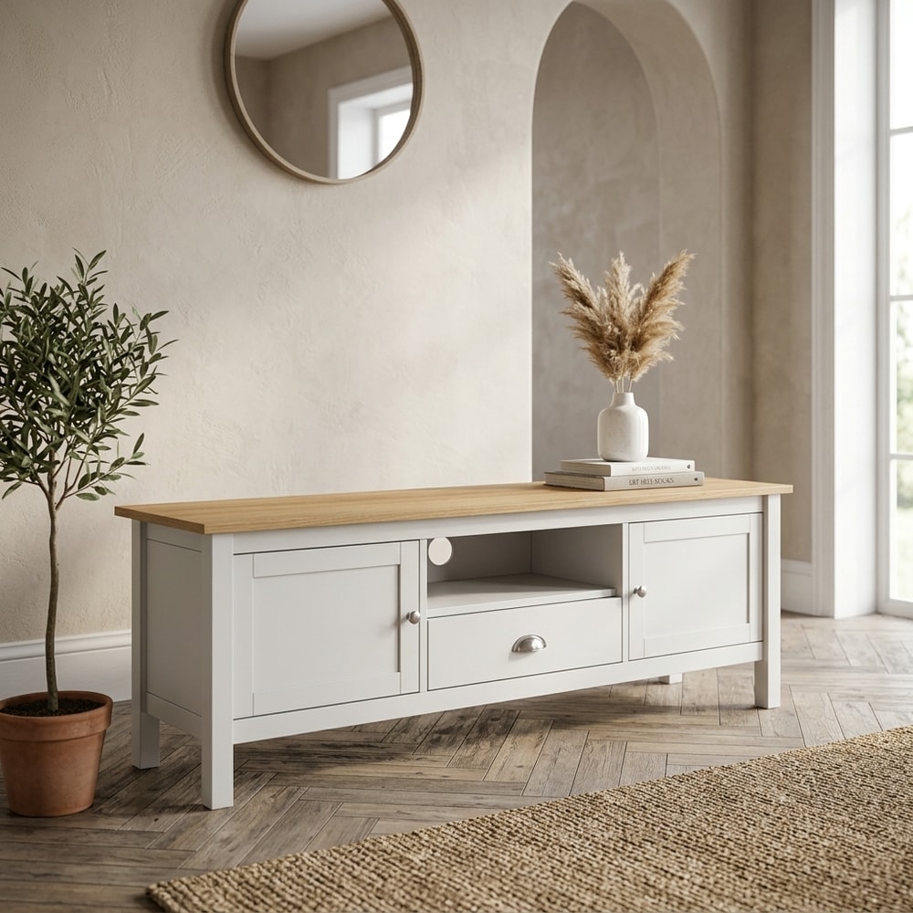 Mueble de TV Blanco y Roble con Almacenaje
