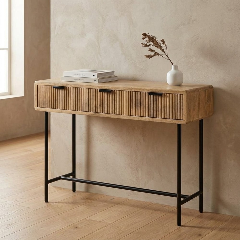 Consola de madera de mango y metal con 3 cajones