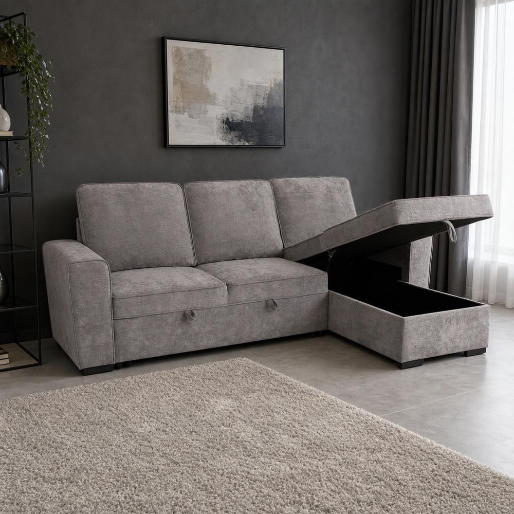 Chaise longue cama gris de 3 plazas con arcón