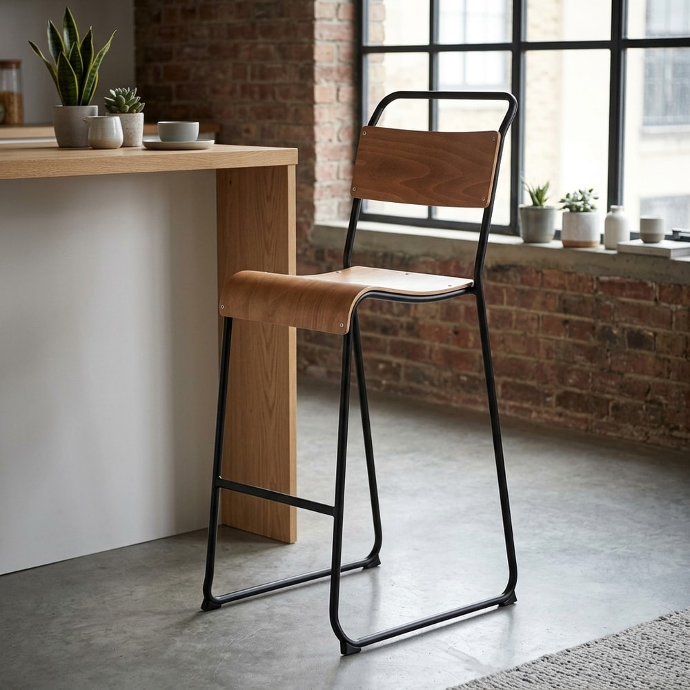 Taburete alto apilable negro y madera natural