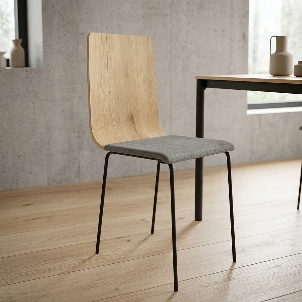 Pack 4 sillas de comedor tapizada gris y madera roble