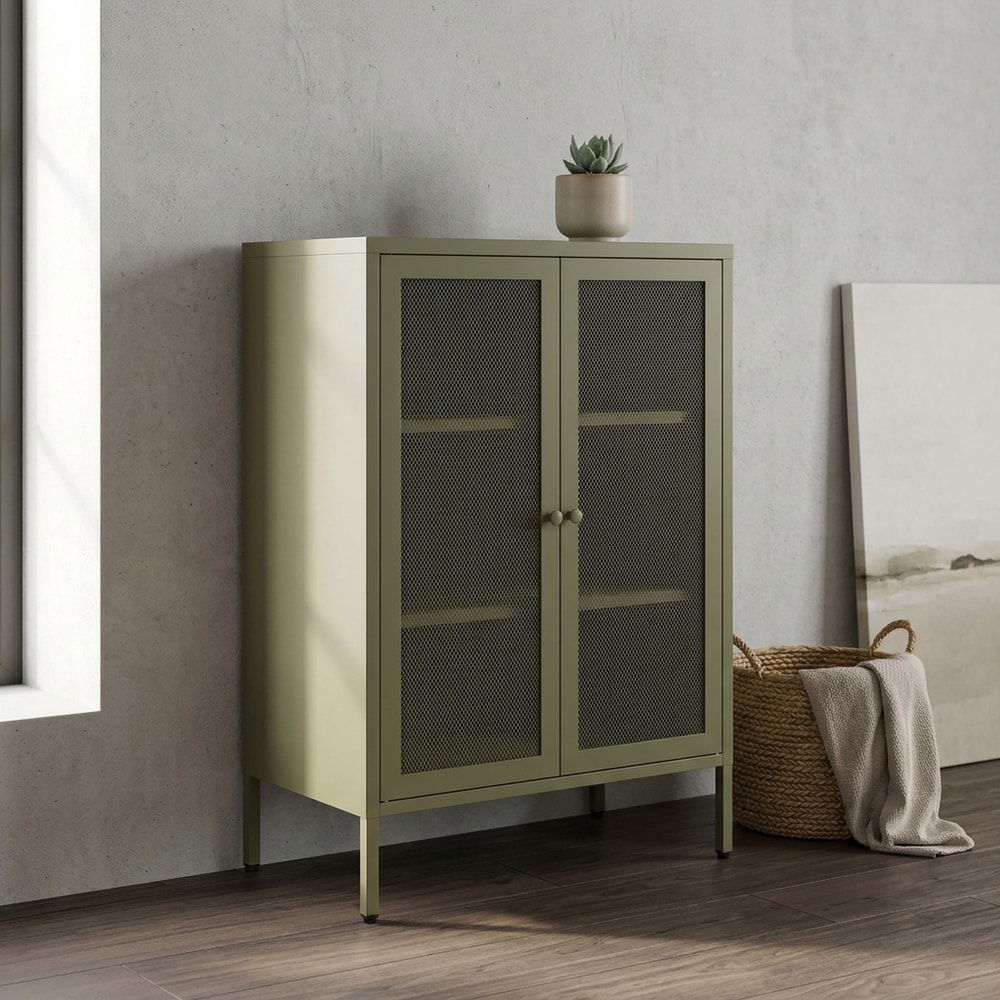 Mueble auxiliar bajo metálico verde con rejilla