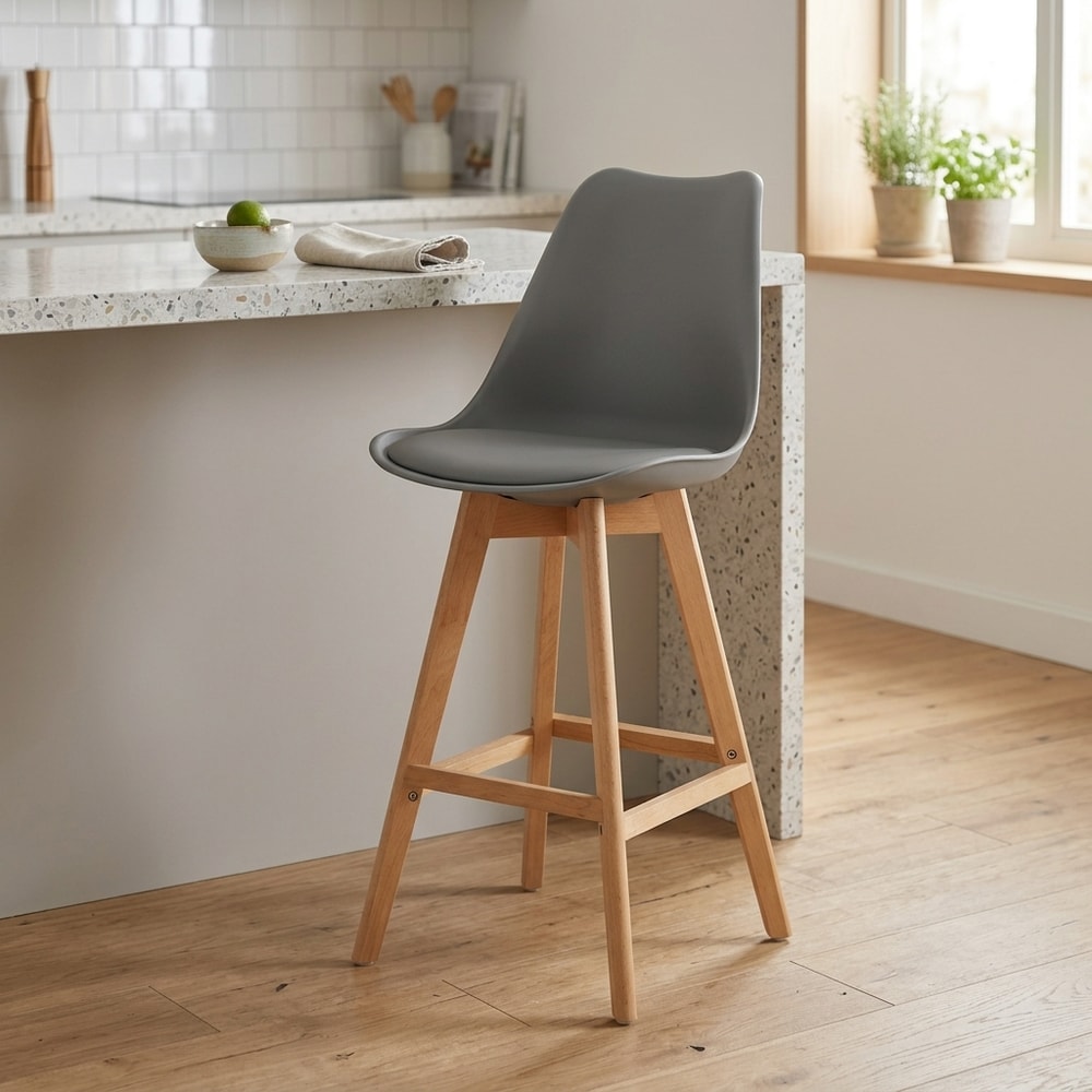 Taburete nórdico gris oscuro con cojín y madera