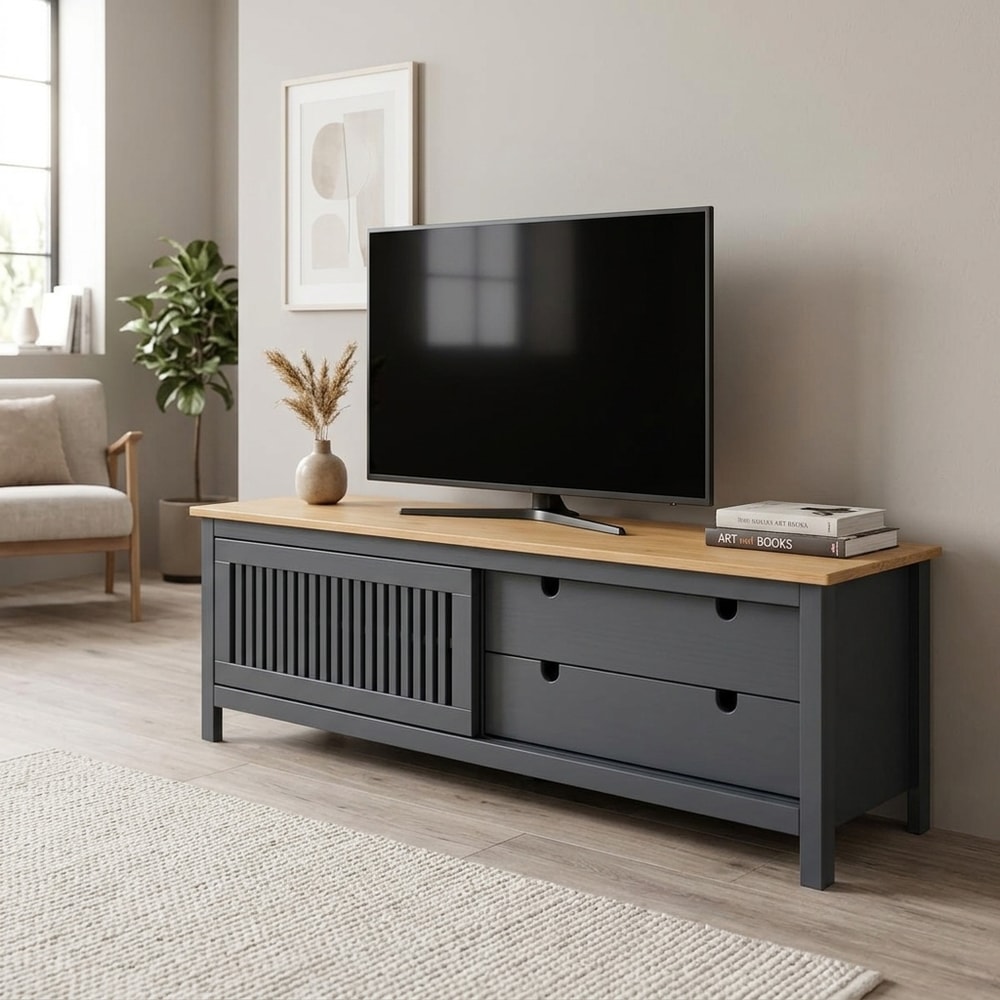 Mueble TV puerta corredera y cajones gris