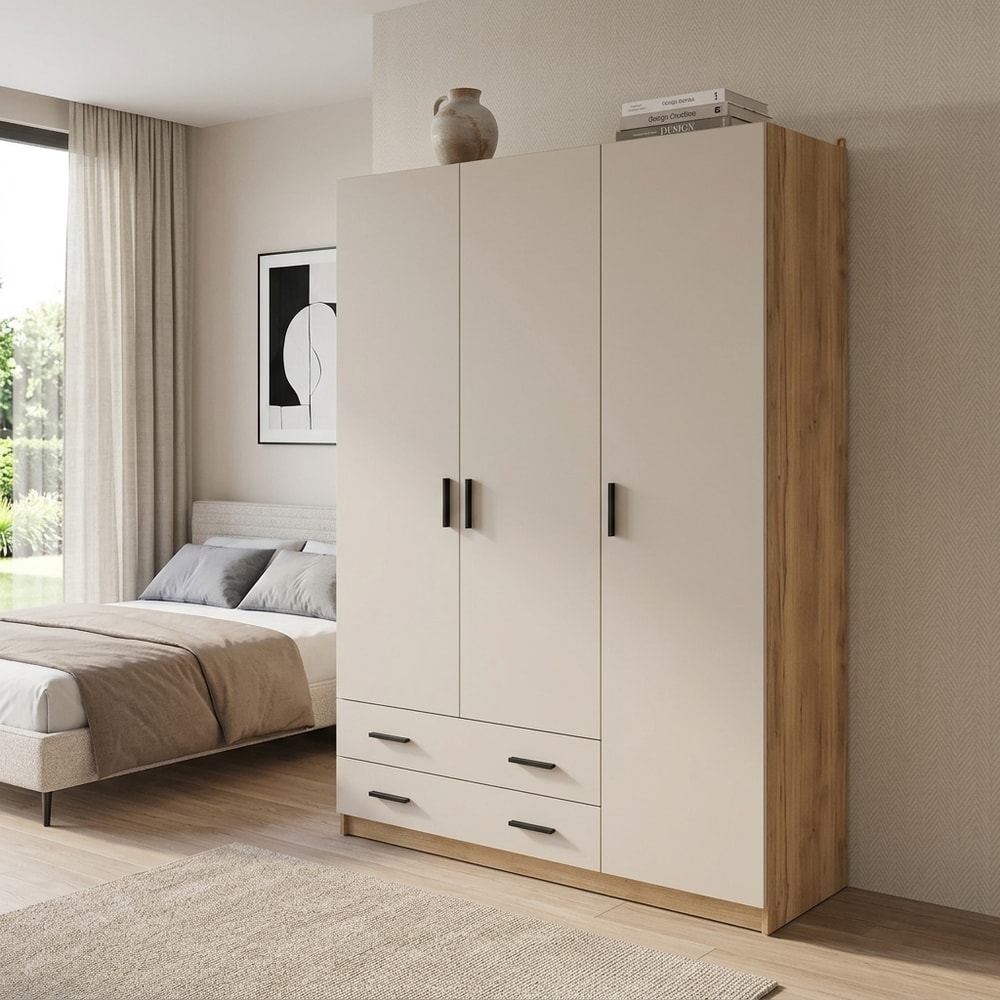 Armario moderno beige con 3 puertas y 2 cajones