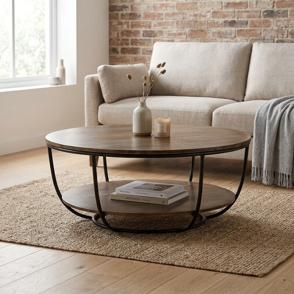 Mesa de centro redonda en madera de mango marrón