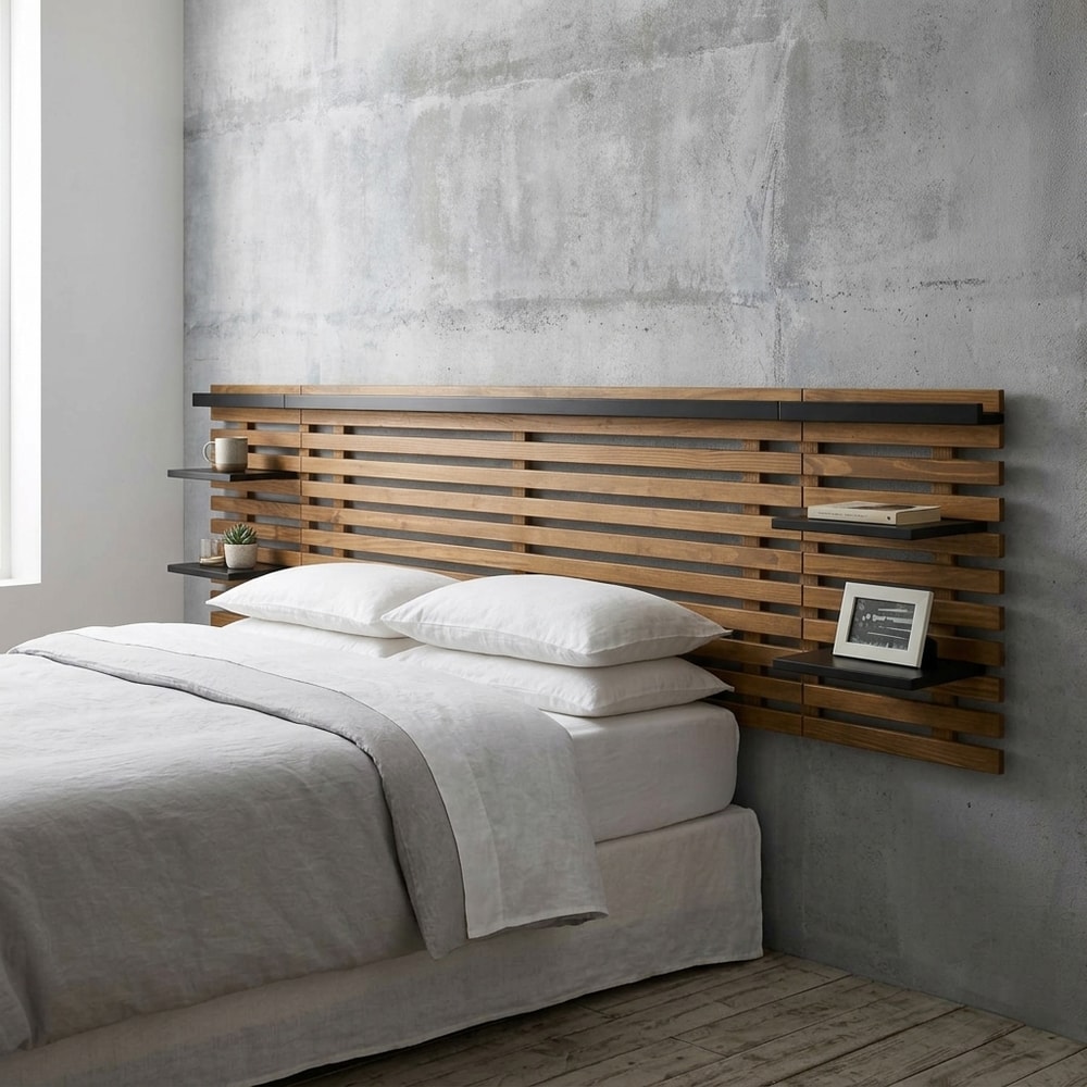 Cabecero con estantes integrados madera y negro