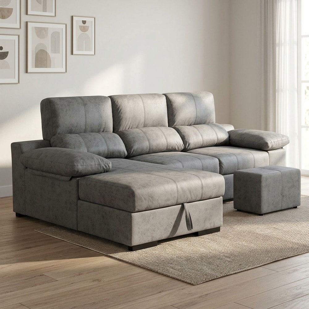 Sofá Chaise Longue Cama con Arcón Gris