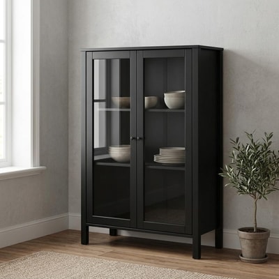 Vitrina de Madera Negra con 2 Puertas de Cristal