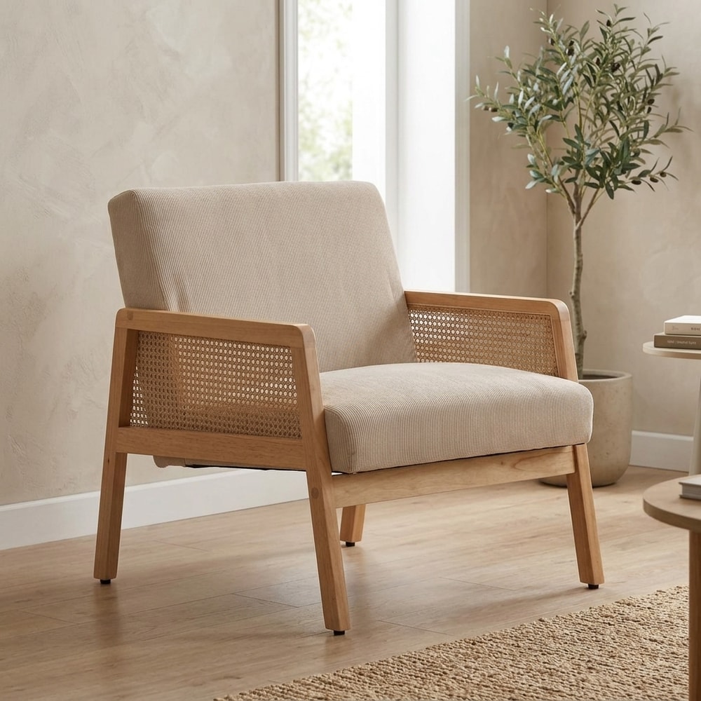 Sillón Tela Beige con Brazos Ratán