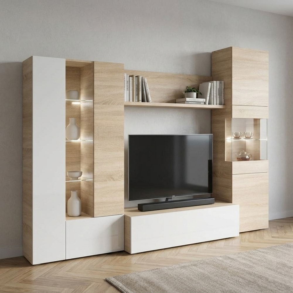 Mueble de salón modular con vitrinas y LED