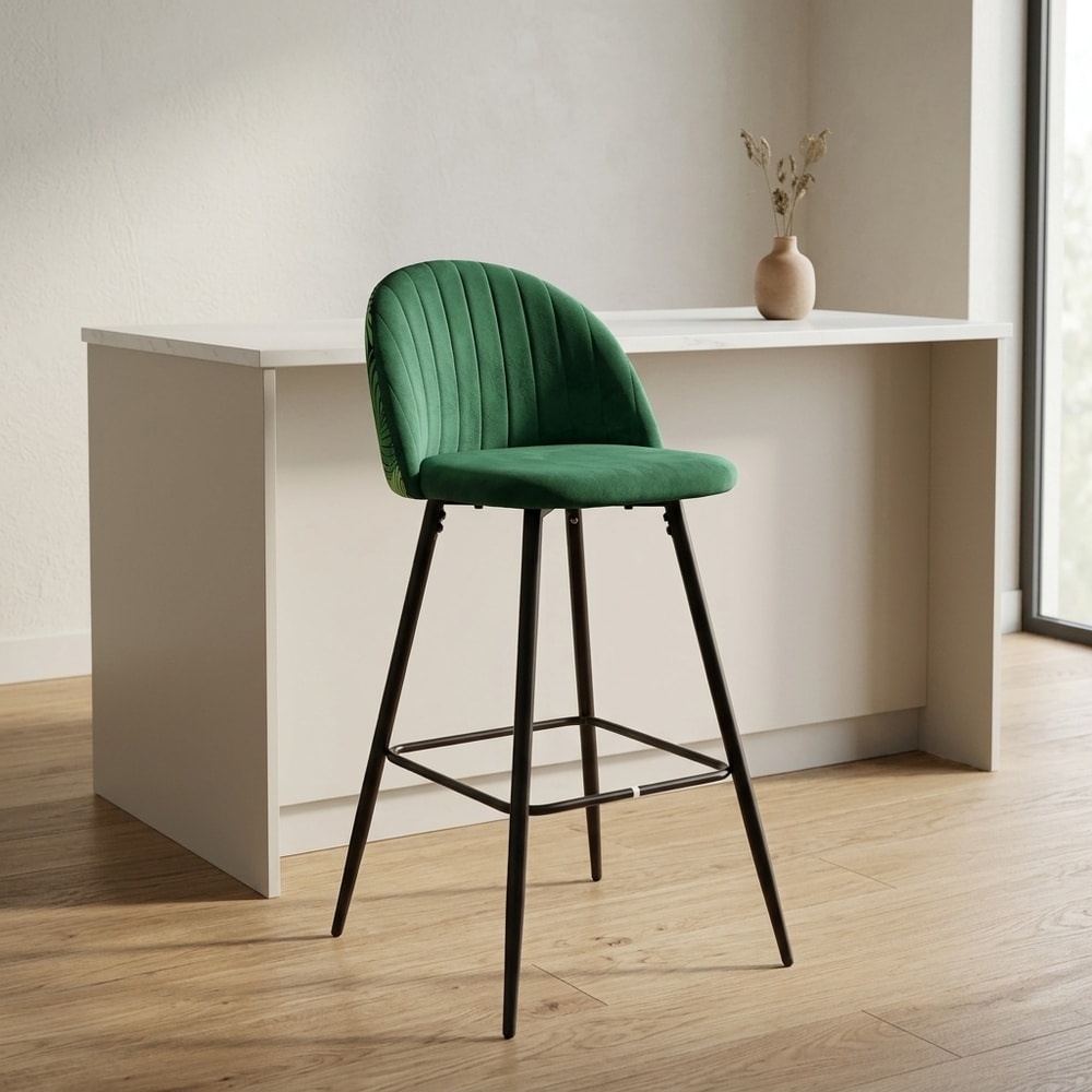 Taburete de terciopelo verde con respaldo floral