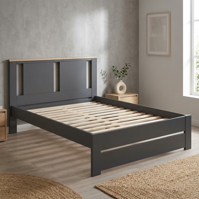 Cama doble antracita con somier y detalle roble