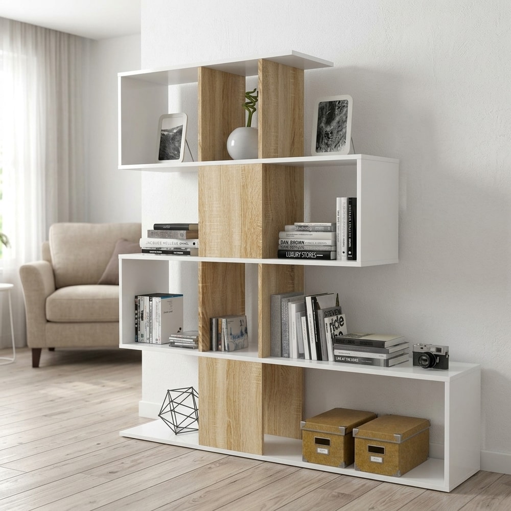 Estantería separador ambientes blanco y roble