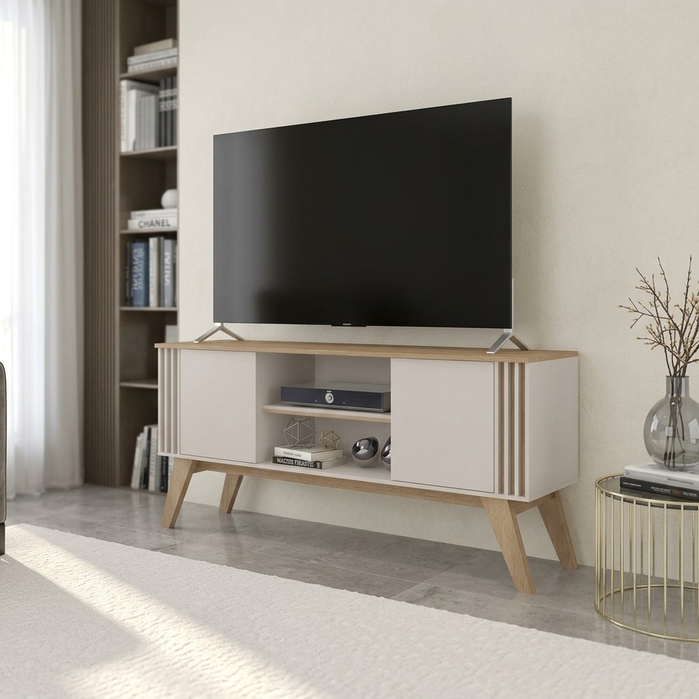 Mueble de TV Moderno Blanco Roto y Madera Cedro