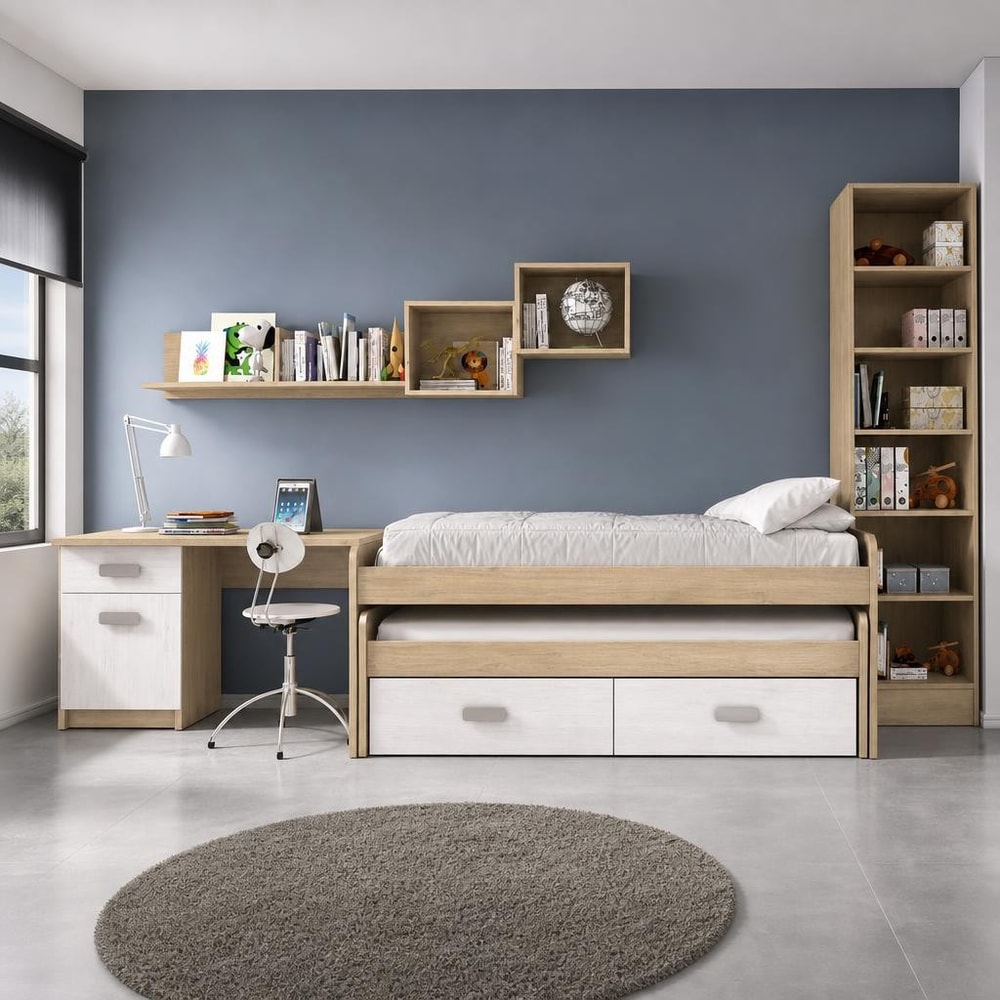 Dormitorio juvenil con cama nido, escritorio y estantes