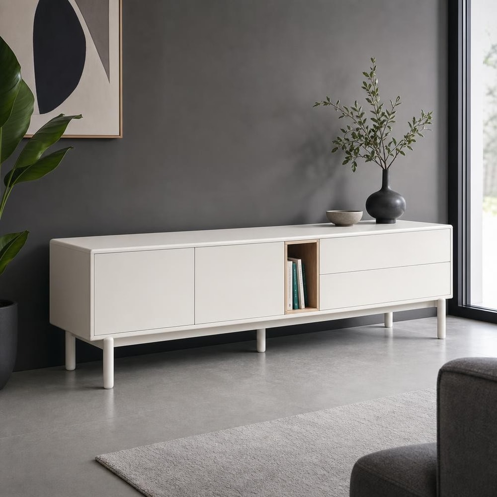 Mueble TV crema con 2 puertas y 2 cajones