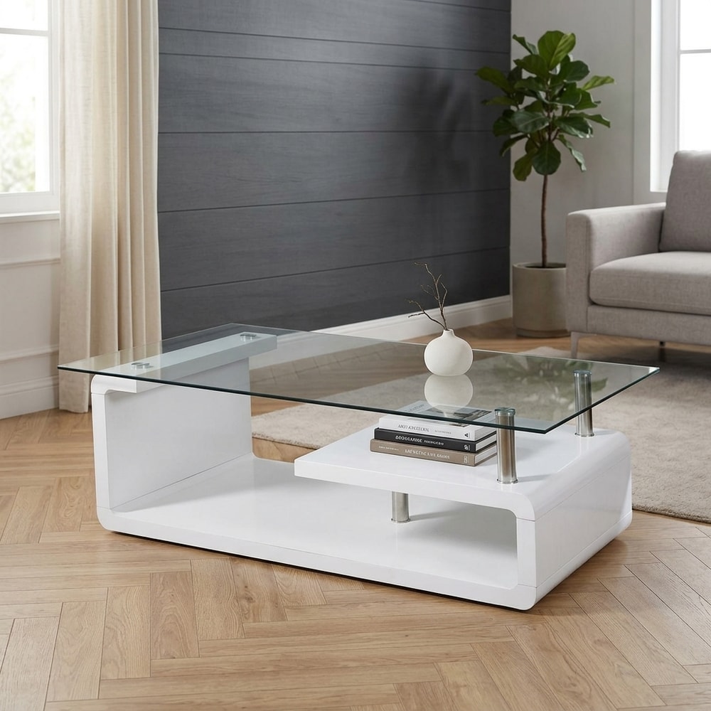 Mesa de centro de cristal y estructura blanca
