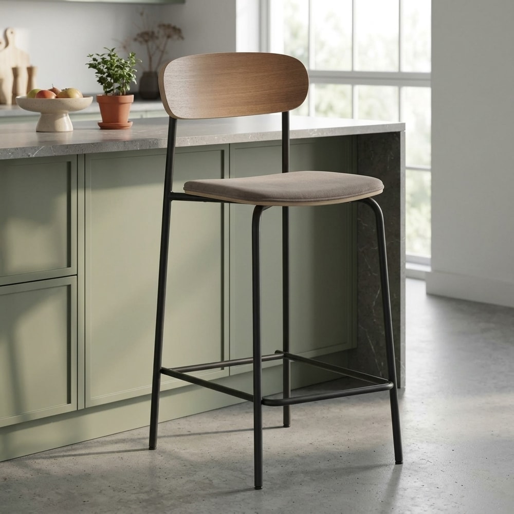 Taburete Alto Asiento Tapizado y Patas Metal