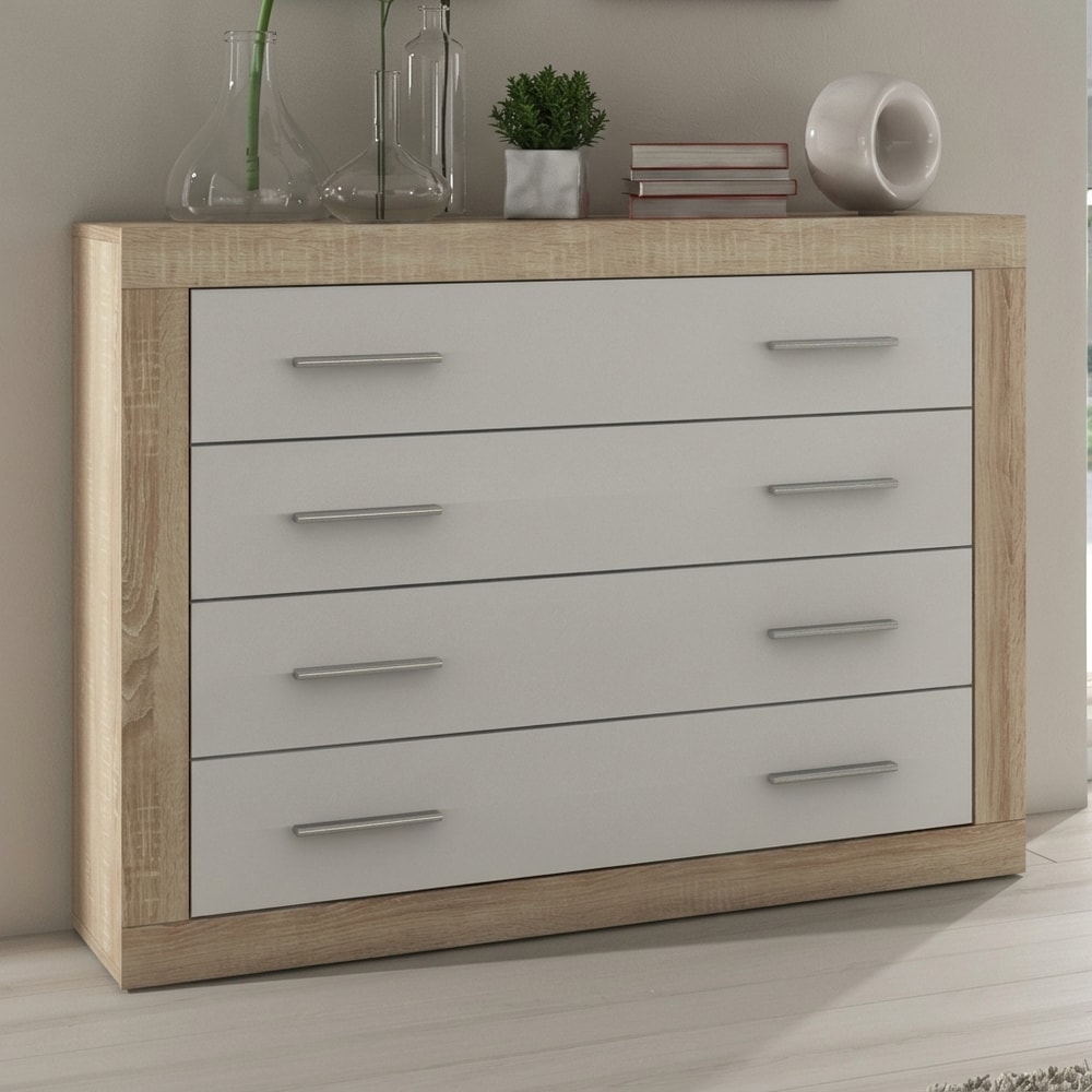 Cómoda de 4 cajones en blanco y madera clara