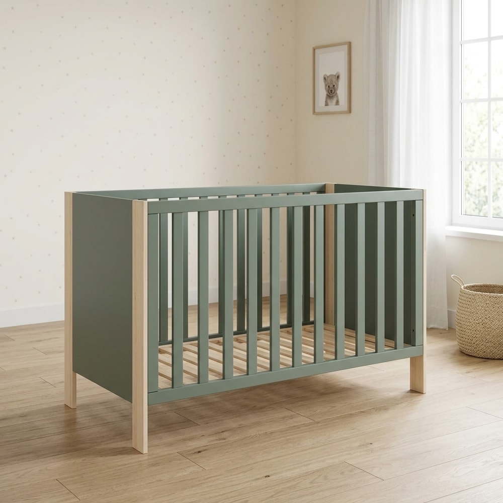 Cuna de Bebé Bicolor Verde Kaki y Madera