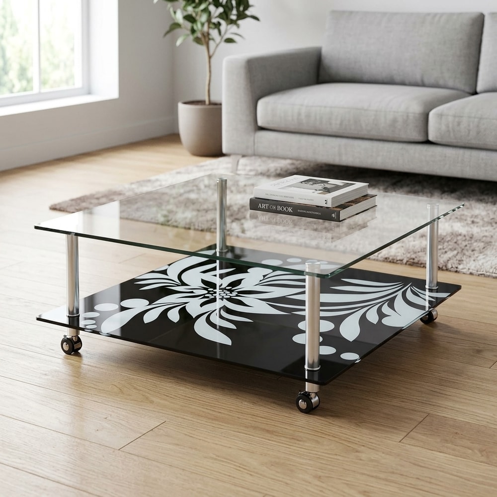 Mesa de centro de cristal con ruedas y estante