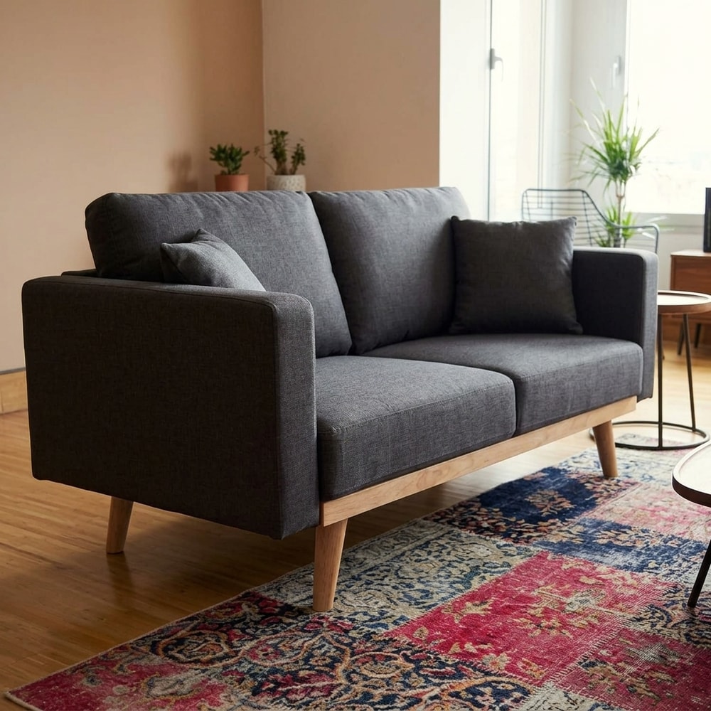 Sofá 2 plazas de tela gris con patas de madera