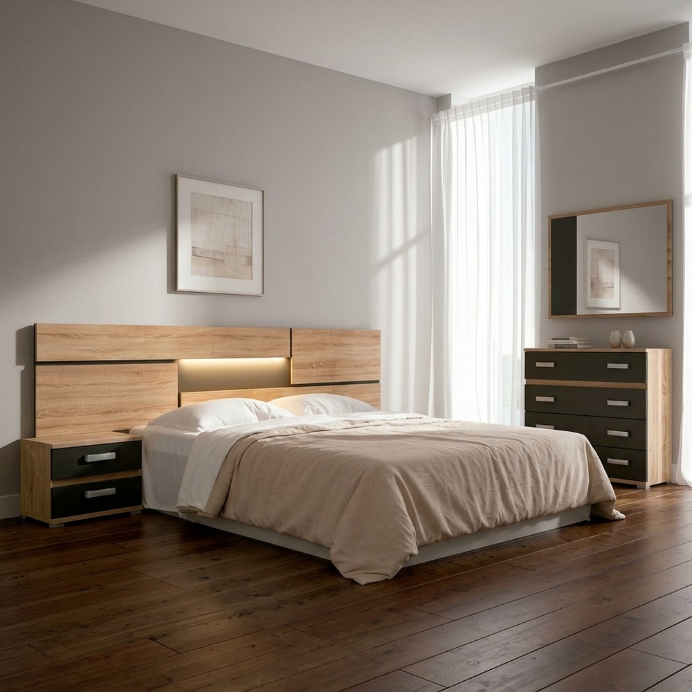 Dormitorio completo con cabecero LED y cómoda