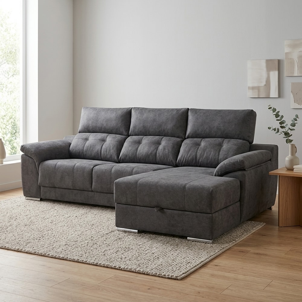 Sofá Chaise Longue 3 Plazas Antracita con Arcón