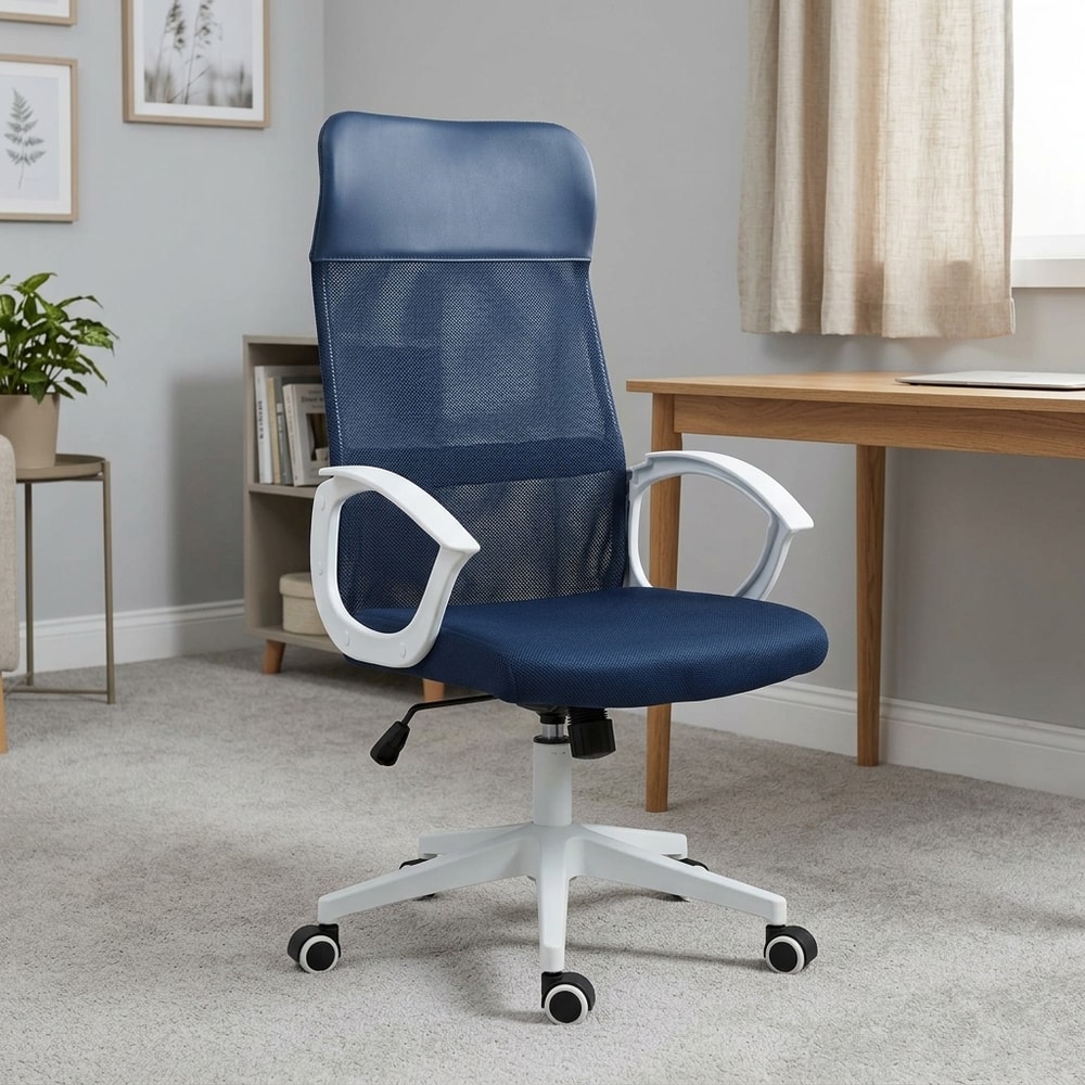 Silla de oficina ergonómica azul y blanca