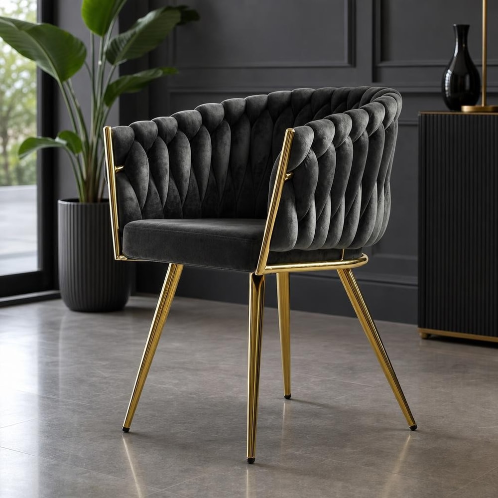 Sillón gris de terciopelo con estructura dorada
