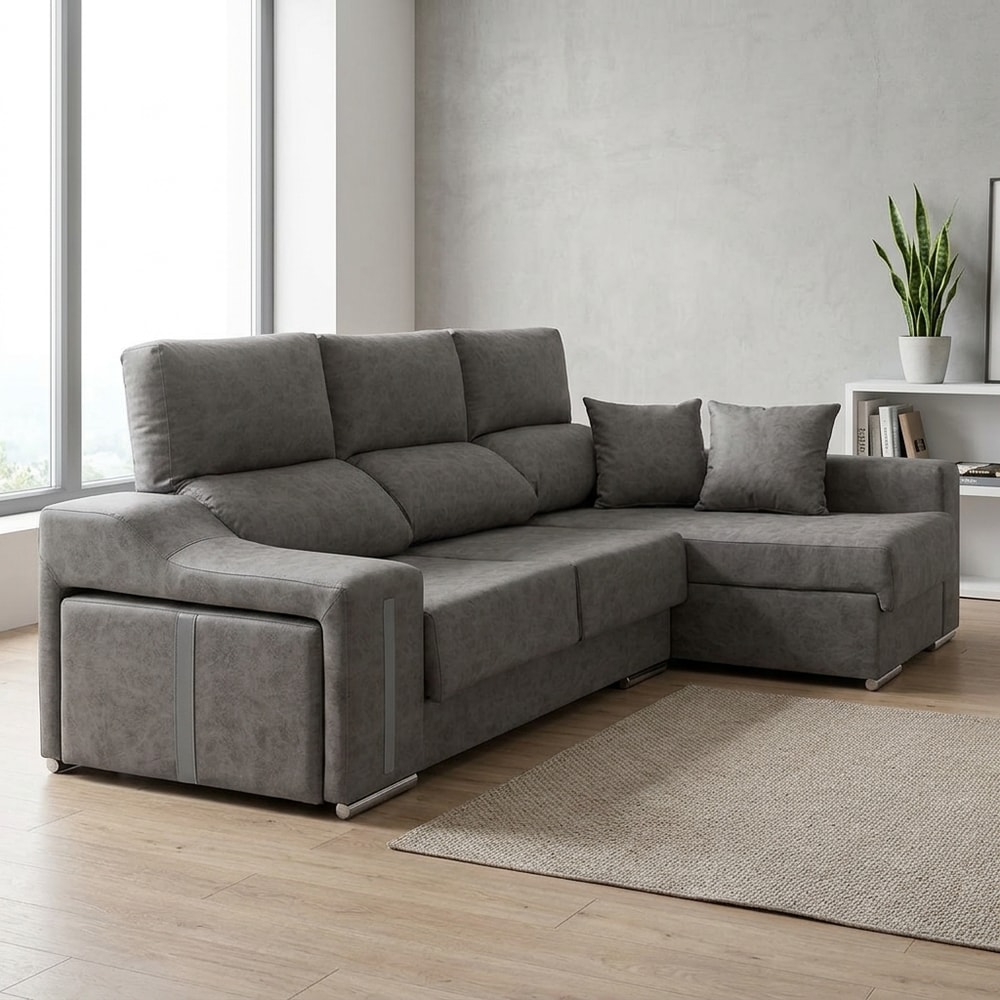 Sofá Chaise Longue con Arcón y Taburetes Gris