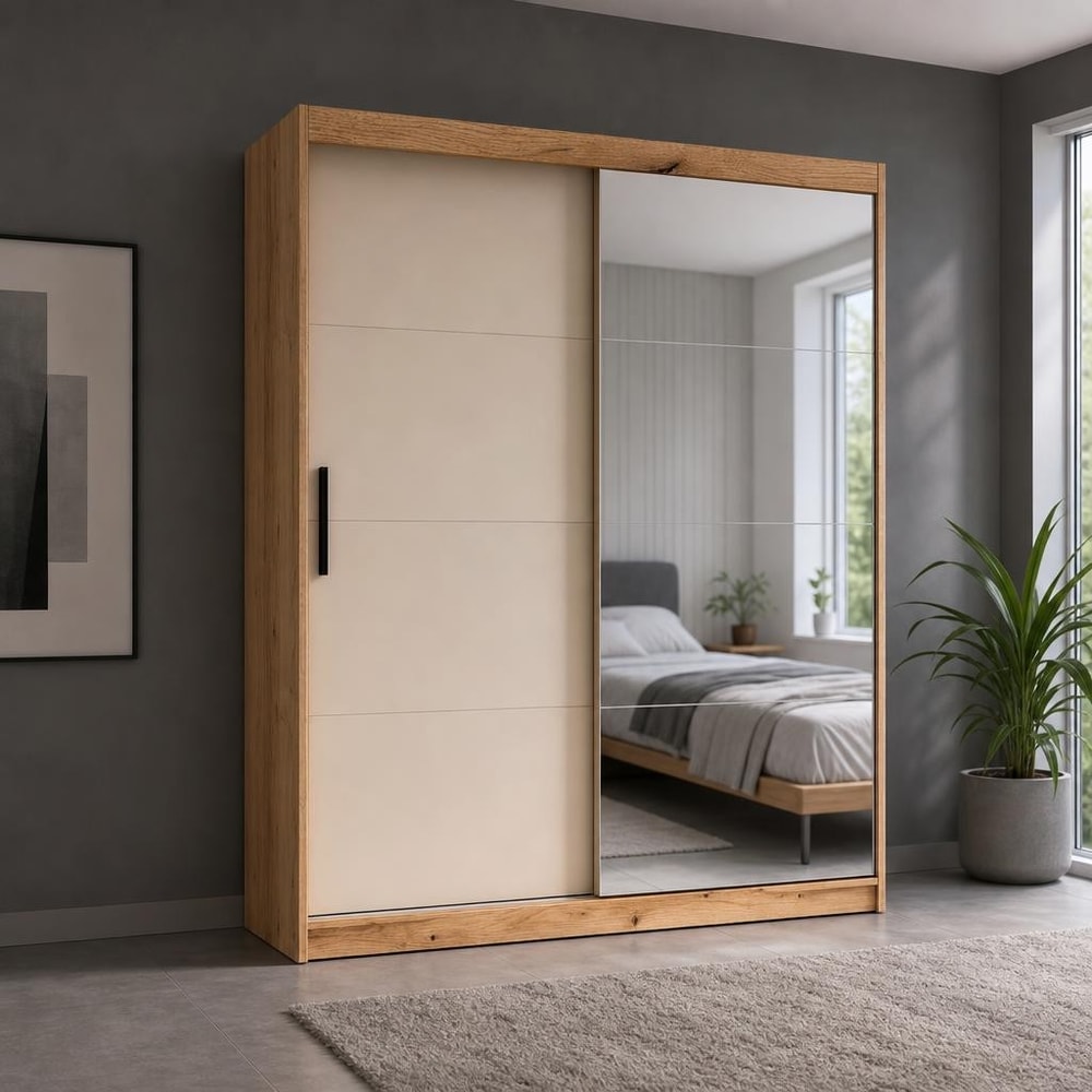 Armario beige de 2 puertas con espejo
