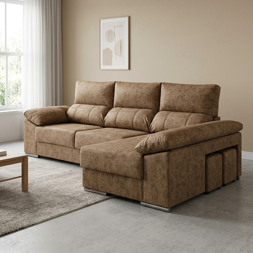 Sofá Chaise Longue Camel con Arcón y Puffs