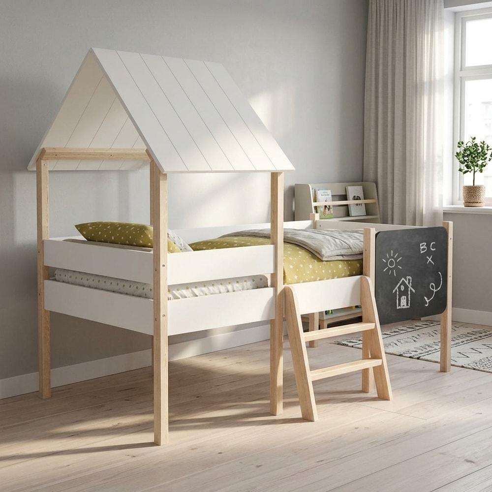 Cama Cabaña con Pizarra y Acabado Blanco