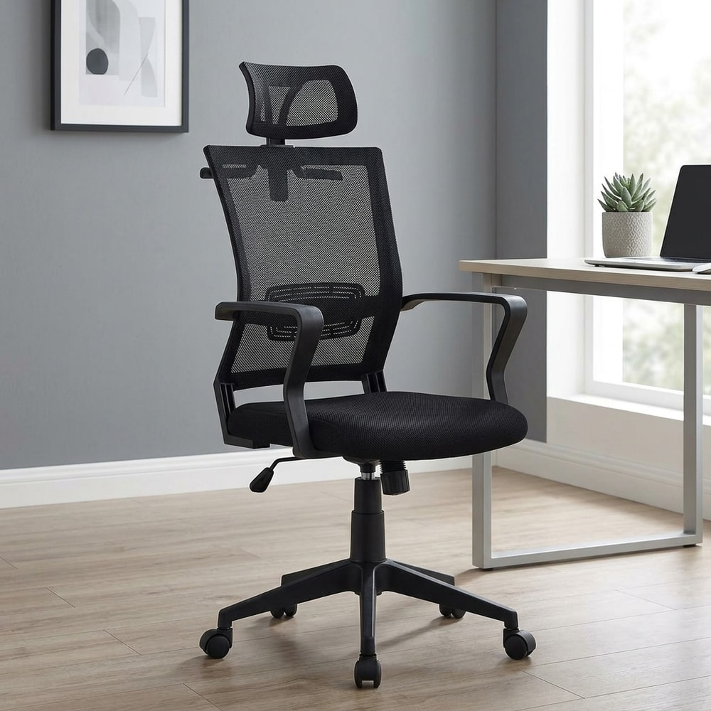 Sillón de oficina giratorio negro con cabecero