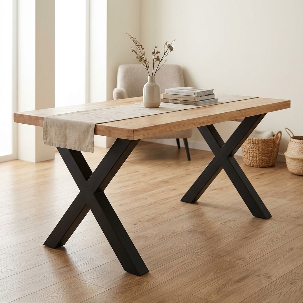 Mesa de comedor industrial roble y metal negro