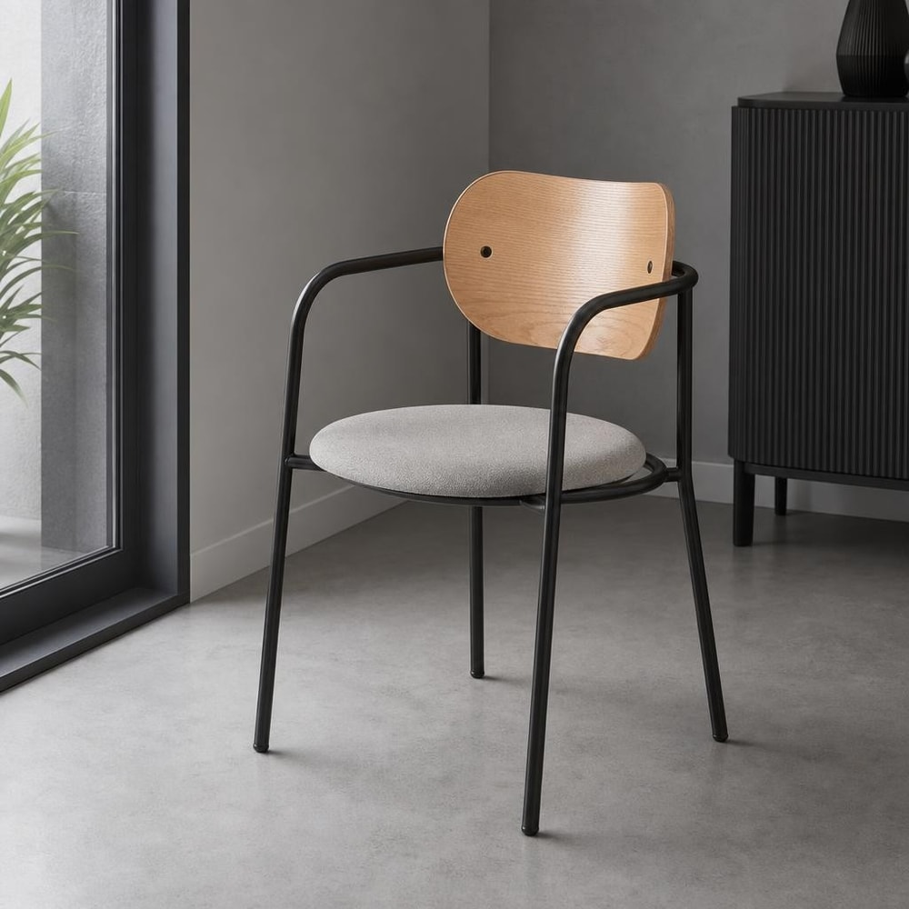 Silla de comedor roble y gris con brazos