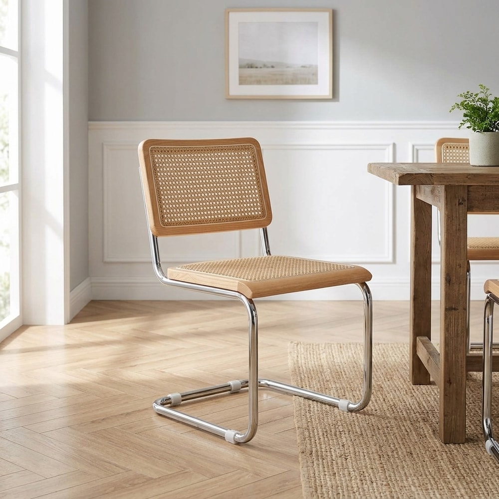 Silla de comedor cantilever en madera y ratán