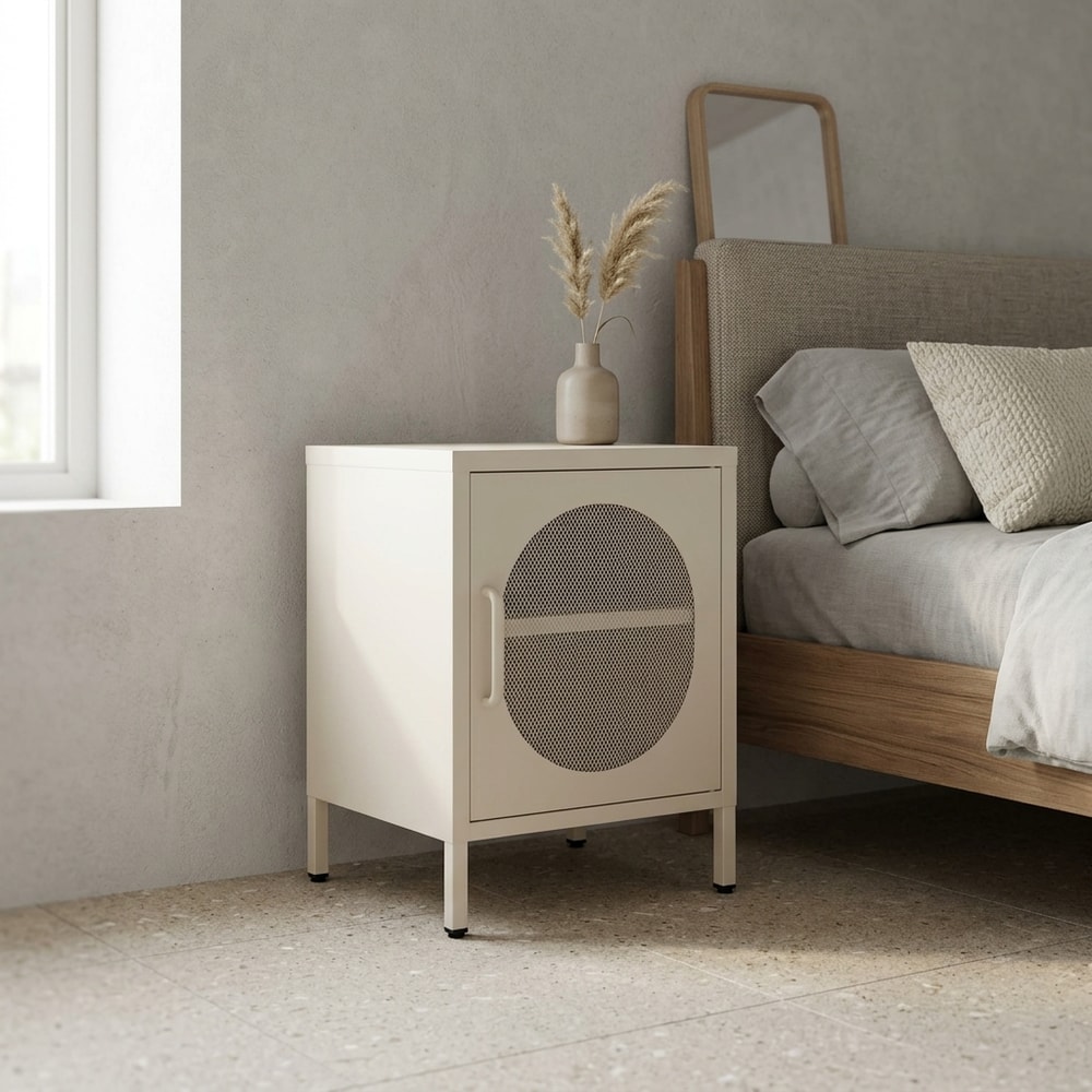 Mesita de noche crema con puerta de malla