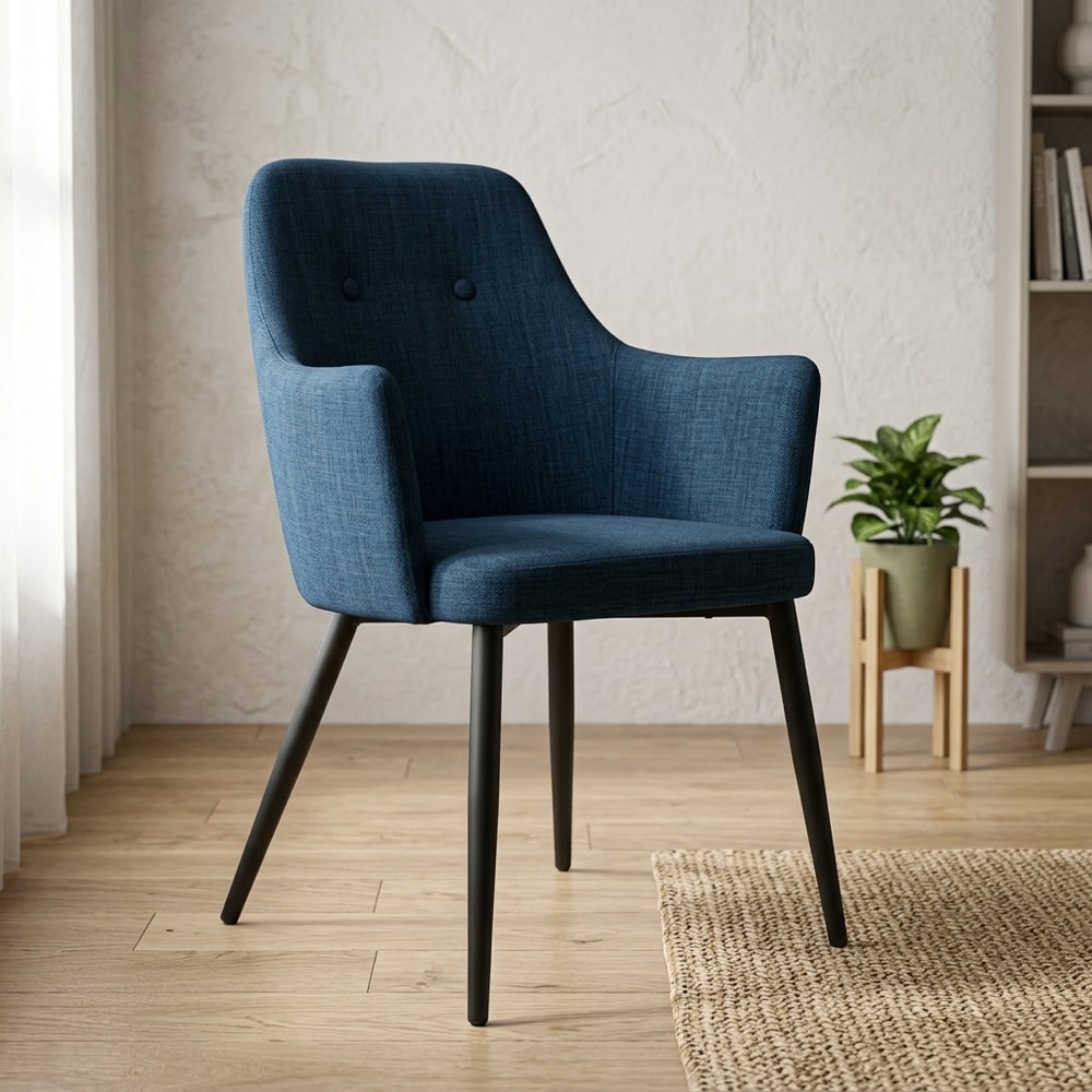 Sillón tapizado azul con patas metálicas negras