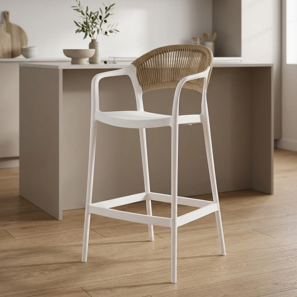 Taburete alto blanco con respaldo de cuerda