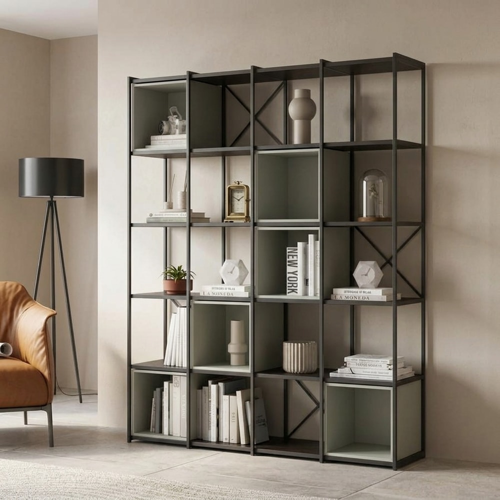 Estantería moderna negra con cubos verdes